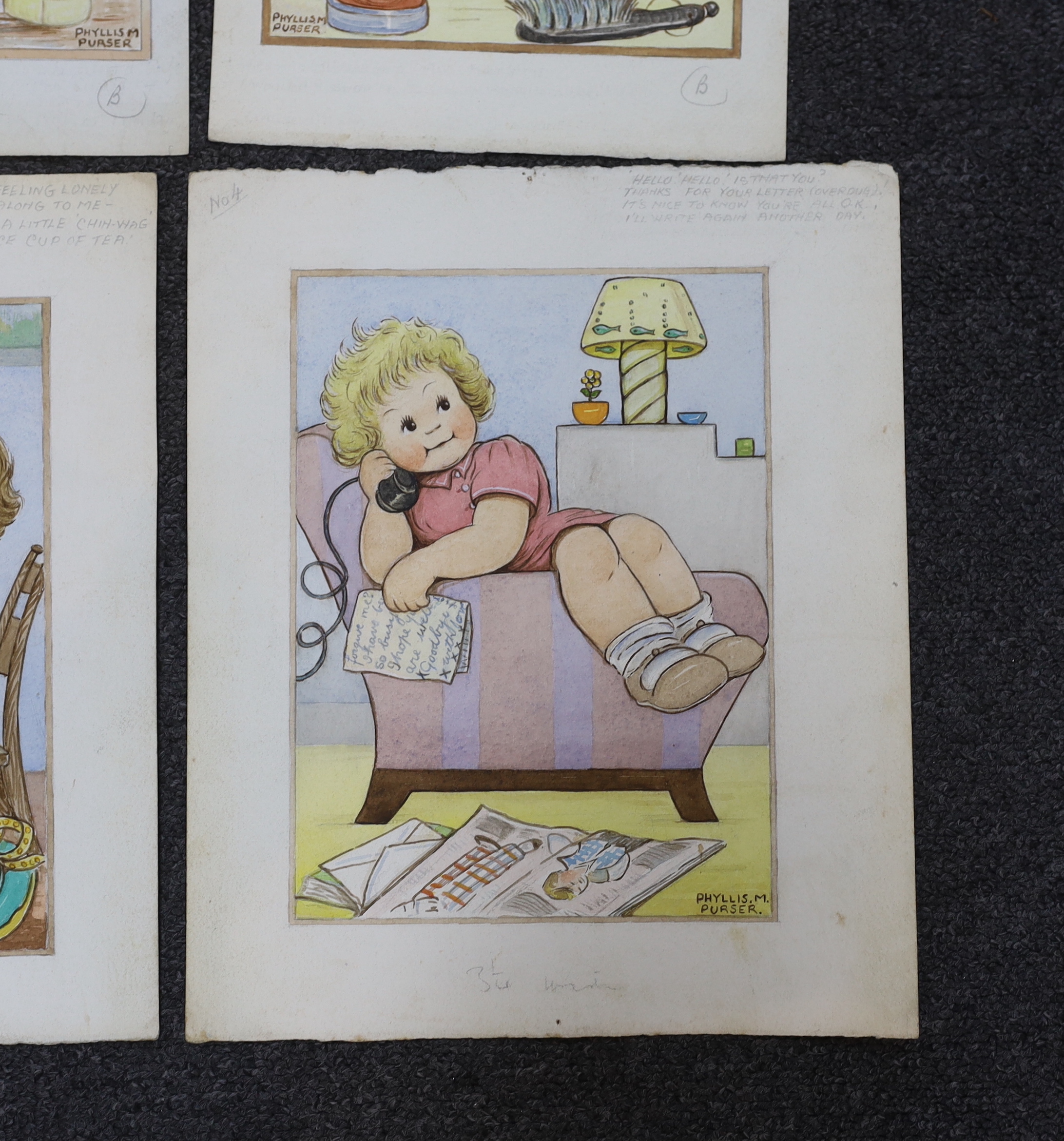 Phyllis Purser (1893-1990), set of six mid 20th century watercolours, Humorous children, original postcard designs, signed, largest 30 x 24cm, unframed